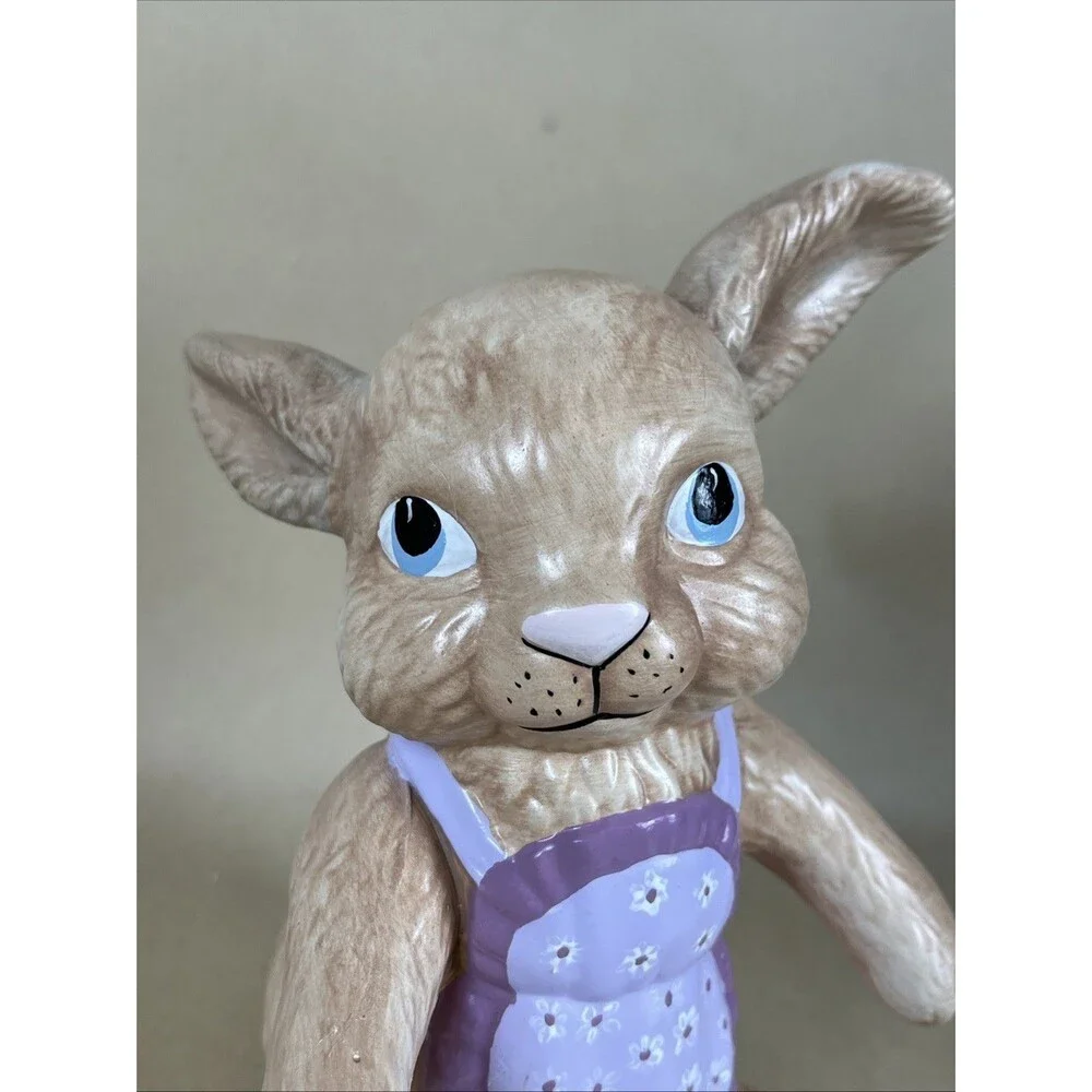 VTG Signed DAG 92 Ceramic Hand Painted Easter Bunny w/a‎ Purple Apron Rabbit 8”